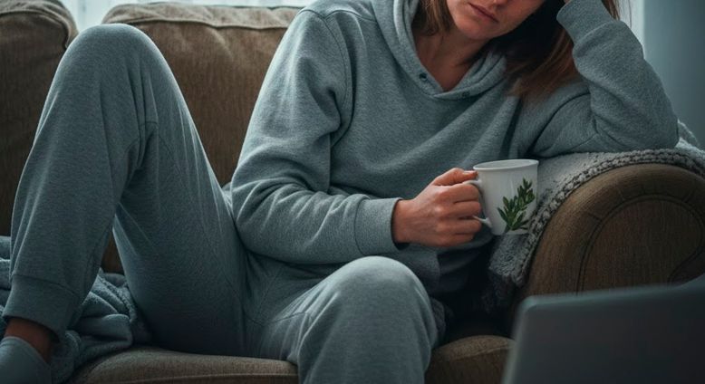 Уставшая женщина сидит на диване